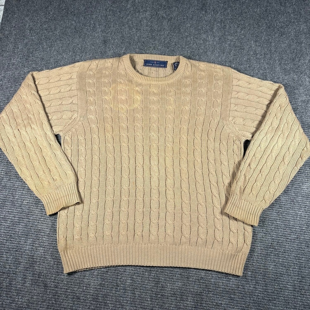 Vtg John Ashford Cable Knit Sweater Mens XL Tan Good Cotton Crew Neck Chunky